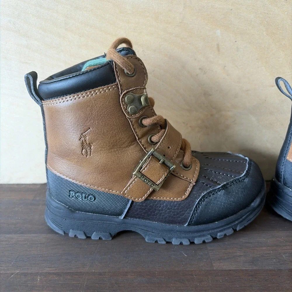 Polo Ralph Lauren Toddler Brown Black Leather Boots Water Resistant Buckle 9.5